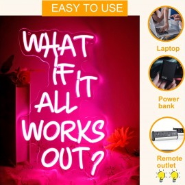 What If It All Works Out? Pink LED Neon Sign - USB Powered Wall Decor for Bedroom, Office, Bar, or Game Room - Adjustable Brightness, Aesthetic Room Lighting with White Lettering on Red Background, Office Ambient Lighting | Playful Wall Art | USB Powered Sign, Neon Signs for Wall Decor
