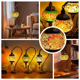 Turkish Mosaic Table Lamp, Moroccan Style Table Lamp with Metal Base 3 Colors Handmade Swan Neck Mosaic Glass Bedside Lamp for Bedroom and Living Room (LED Bulb Included)