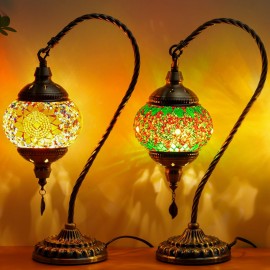 Turkish Mosaic Table Lamp, Moroccan Style Table Lamp with Metal Base 3 Colors Handmade Swan Neck Mosaic Glass Bedside Lamp for Bedroom and Living Room (LED Bulb Included)