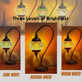 Turkish Mosaic Table Lamp, Moroccan Style Table Lamp with Metal Base 3 Colors Handmade Swan Neck Mosaic Glass Bedside Lamp for Bedroom and Living Room (LED Bulb Included)