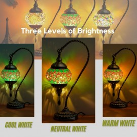 Turkish Mosaic Table Lamp, Moroccan Style Table Lamp with Metal Base 3 Colors Handmade Swan Neck Mosaic Glass Bedside Lamp for Bedroom and Living Room (LED Bulb Included)