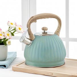 [Blue Pumpkin-Shaped Kettle] 3.5L Blue Pumpkin-Shaped Kettle with Ribbed Design, Stainless Steel, Compatible with Induction & Gas Stoves, Uniform Heating, Easy to Clean, Durable for Home, Bar, Milk Tea Shop Use, Perfect for All Stovetops, No Frequent Boiling Required