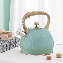 [Blue Pumpkin-Shaped Kettle] 3.5L Blue Pumpkin-Shaped Kettle with Ribbed Design, Stainless Steel, Compatible with Induction & Gas Stoves, Uniform Heating, Easy to Clean, Durable for Home, Bar, Milk Tea Shop Use, Perfect for All Stovetops, No Frequent Boiling Required