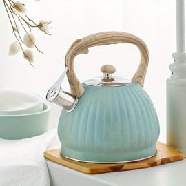 [Blue Pumpkin-Shaped Kettle] 3.5L Blue Pumpkin-Shaped Kettle with Ribbed Design, Stainless Steel, Compatible with Induction & Gas Stoves, Uniform Heating, Easy to Clean, Durable for Home, Bar, Milk Tea Shop Use, Perfect for All Stovetops, No Frequent Boiling Required