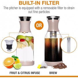 Cold Brew Coffee Maker and Glass Pitcher with Lid - 1.7 L Infused Iced Coffee Maker with Filter - Beige Perfect Iced Tea Pitcher and Glass Water Pitcher