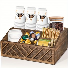 IDUK Coffee Station Organizer - Recycled Wood Coffee Bar Storage with Cup Holders, Compartmentalized Shelves - Space-Saving Countertop Organizer for Kitchen, Office, Cafe - Coffee &itchen Decor