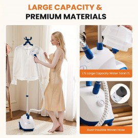 tanding Garment Steamer With Roll Wheels For Easy Movement, Water Tank For 1 Hour Continuous Steaming, Adjustable Pole For Storage, Easy-Roll Wheels, Garment Hanger, & Fabric Brush