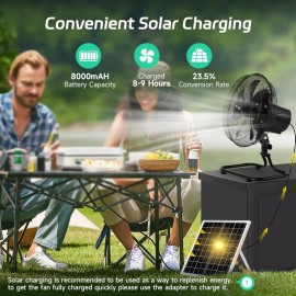 Rechargeable Floor Fan with 20W Solar Panel & 8000mAh Battery - Heavy-Duty All-Metal Body, Quiet Brushless Motor, Oscillating (90° Auto/60° Manual), Portable Cooling Fan for Outdoor Camping, Picnics, Parties