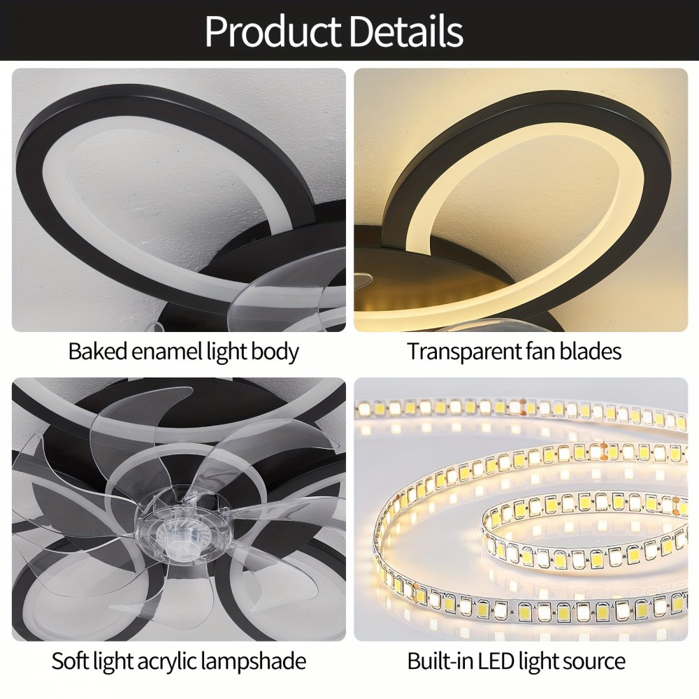 1pc, Remote Control LED Ceiling Fan with Light, Flower Shaped Ceiling Fan Light, 3 Light Colors, Dimmable Modern Low Profile Recessed Ceiling Fan Suitable for Kitchen, Bedroom, Commercial Lighting Suitable for Living Room, Dining Room, Coffee Shop, Shopping Mall, Very Suitable for Summer