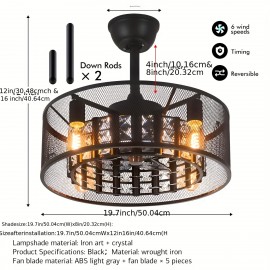 Black Industrial Style Crystal Inverter Ceiling Fan Light, Lamp Head Model: E26 * 4pcs Without Light Source, Suitable for Living Room, Restaurant, Foyer Chandelier