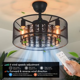 Black Industrial Style Crystal Inverter Ceiling Fan Light, Lamp Head Model: E26 * 4pcs Without Light Source, Suitable for Living Room, Restaurant, Foyer Chandelier