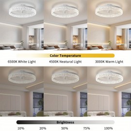Thin Ceiling Fan with Light, 15.7-Inch Ceiling Fan with Light, Dimmable Embedded LED Fan, 3 Colors, 6-Speeds, Suitable for Bedroom, Living Room, Dining Room, Kitchen