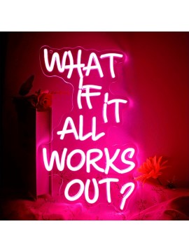 What If It All Works Out? Pink LED Neon Sign - USB Powered Wall Decor for Bedroom, Office, Bar, or Game Room - Adjustable Brightness, Aesthetic Room Lighting with White Lettering on Red Background, Office Ambient Lighting | Playful Wall Art | USB Powered Sign, Neon Signs for Wall Decor